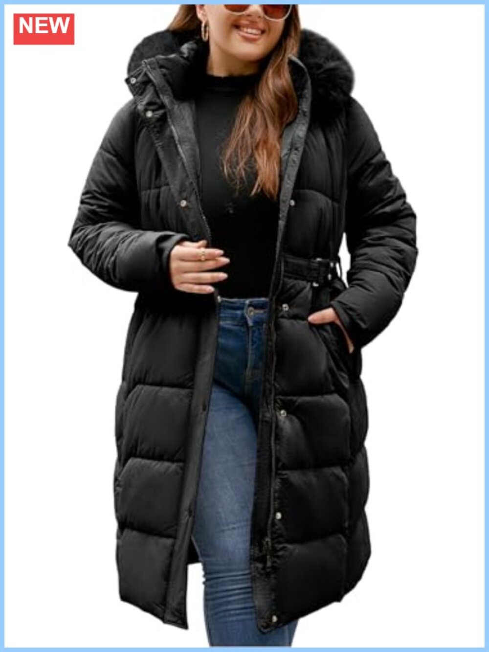 Plus Size Long Quilted Puffer Coat Faux Fur Hood Belted Winter